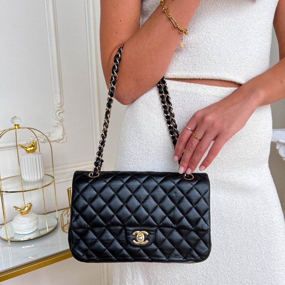 Authentic Chanel Double Flap Classic Medium Lambskin Black Shoulder Bag B0820 - Picture 2 of 16